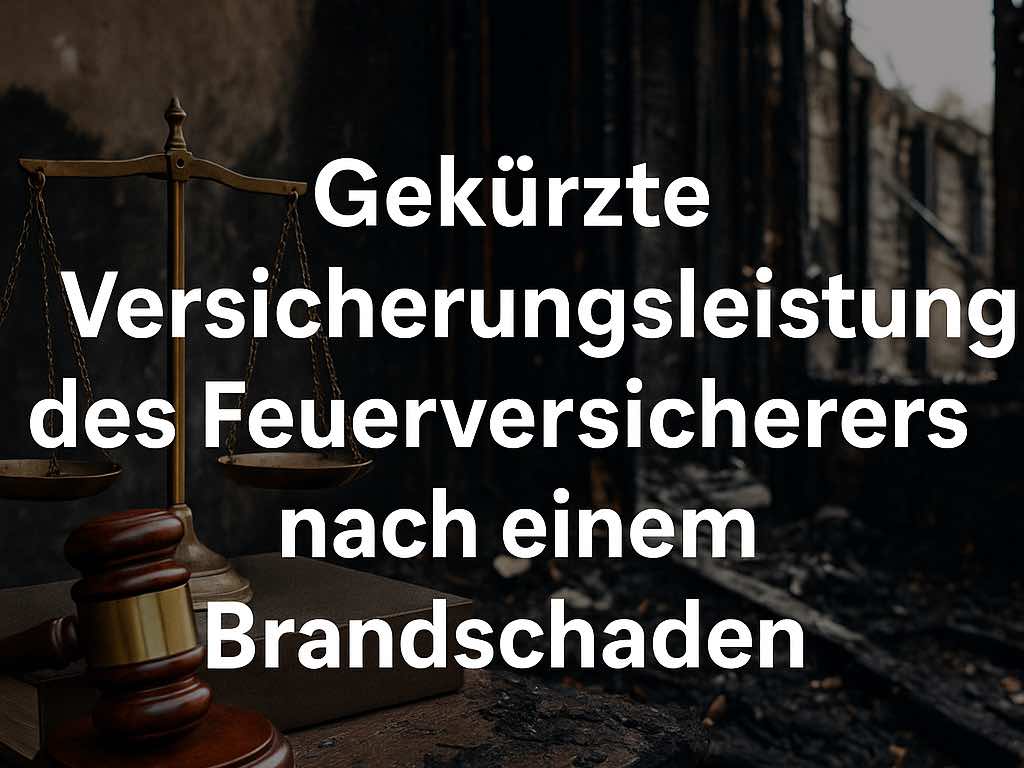 Verbranntes Gebäude nach einem Brandschaden, daneben ein Richterhammer und eine Waage als Symbol für juristische Auseinandersetzungen mit der Versicherung wegen gekürzter Leistungen.
