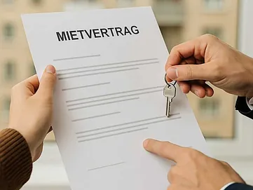 Zwei Personen halten gemeinsam einen Mietvertrag mit dem Titel ‚Mietvertrag‘, dazu wird ein Schlüssel übergeben. Symbolbild für Mietrecht, Vertragsprüfung und Übergabe zwischen Mieter und Vermieter