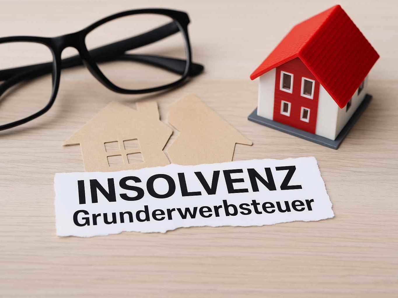 Miniatur-Haus mit rotem Dach neben Brille; Zettel mit Aufdruck ‚Insolvenz – Grunderwerbsteuer‘. Symbolbild für Bauträgerinsolvenz und Rückerstattung der Grunderwerbsteuer nach § 17 GrEStG.